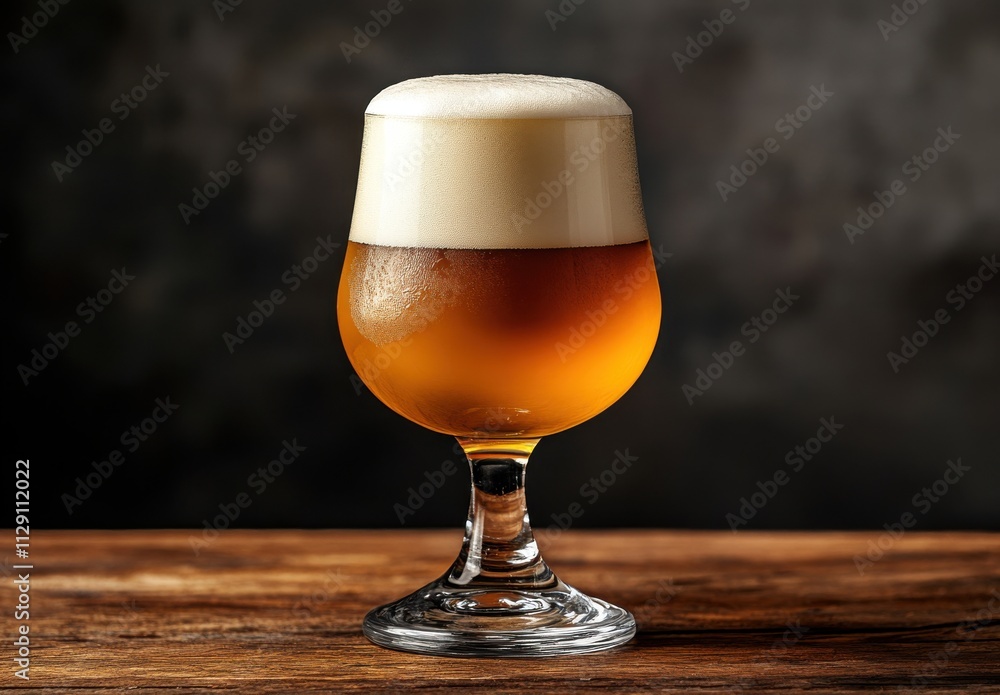 A Delicious Glass of Golden Craft Beer with Creamy Foam Standing Proudly on a Rustic Wooden Table Against a Softly Lit Background A Delicious Glass of Golden Craft Beer with Creamy Foam Standing Proudly on a Rustic Wooden Table Against a Softly Lit Background