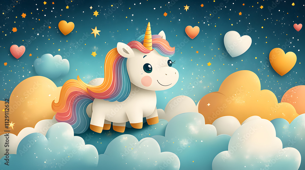 A playful cartoon-style illustration of a unicorn with a rainbow mane and sparkling horn, prancing through a cloud-filled sky, surrounded by twinkling stars and floating hearts.