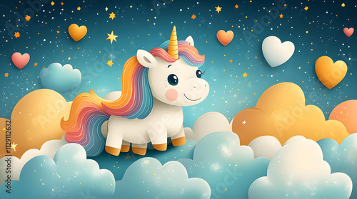 Obraz na płótnie A playful cartoon-style illustration of a unicorn with a rainbow mane and sparkling horn, prancing through a cloud-filled sky, surrounded by twinkling stars and floating hearts. w salonie