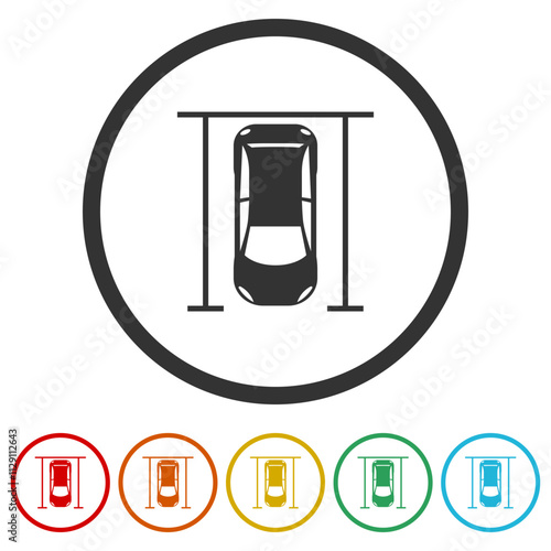 Top view car silhouette with parking lines icon. Set icons in color circle buttons