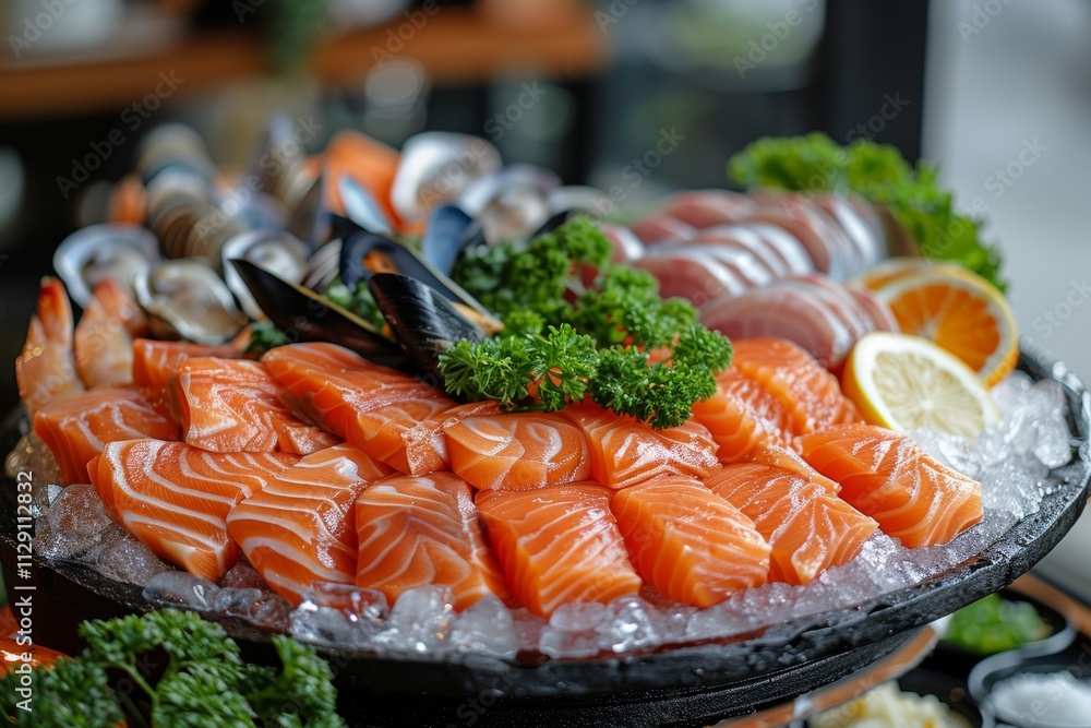 Macro shot of fresh seafood platter featuring salmon, shrimp, mussels, oysters, and citrus garnish Macro shot of fresh seafood platter featuring salmon, shrimp, mussels, oysters, and citrus garnish