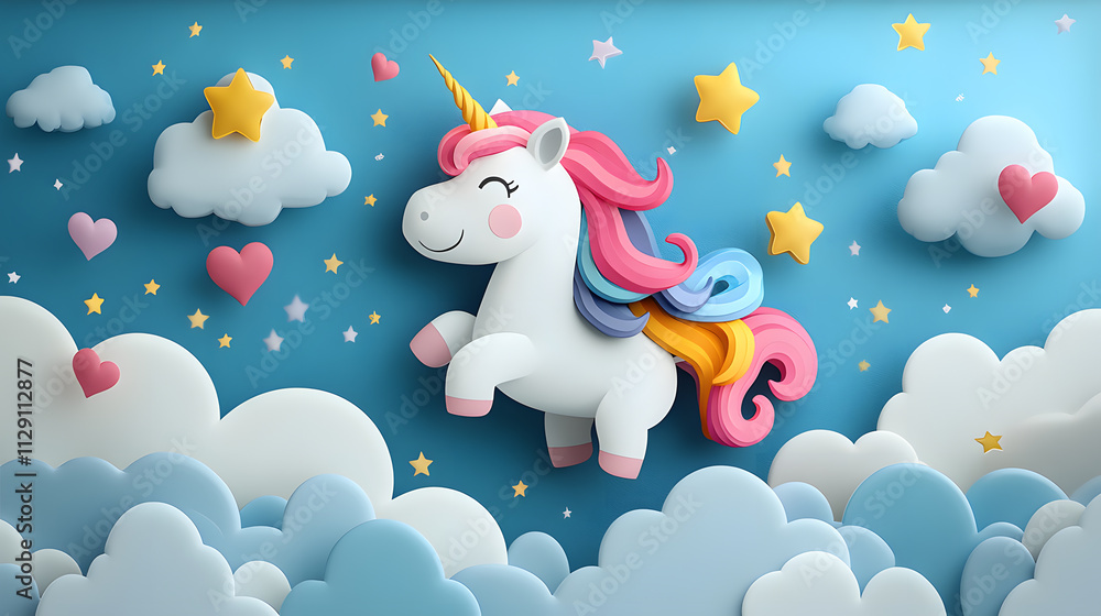 A playful cartoon-style illustration of a unicorn with a rainbow mane and sparkling horn, prancing through a cloud-filled sky, surrounded by twinkling stars and floating hearts.