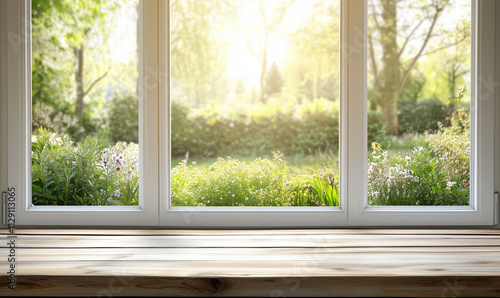 Empty wooden table top with a blurred window and garden background for product display
