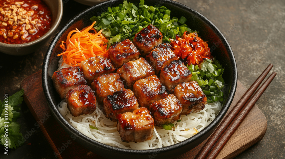 Flavorful bun cha with grilled pork, rice noodles, and vibrant vegetables in a stylish bowl Flavorful bun cha with grilled pork, rice noodles, and vibrant vegetables in a stylish bowl