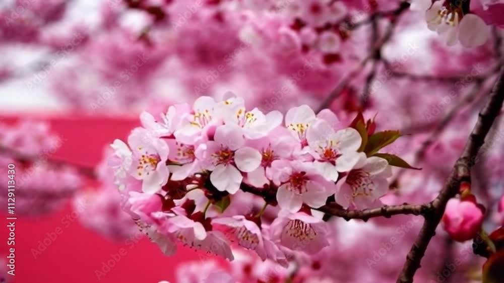 Beautiful Spring Cherry tree flowers blossom timelapse, close up. Time lapse of Easter fresh white blossoming Japanese cherry on red background closeup. Beautiful Spring Cherry tree flowers blossom timelapse, close up. Time lapse of Easter fresh white blossoming Japanese cherry on red background closeup.