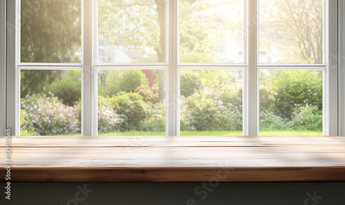 Empty wooden table top with a blurred window and garden background for product display