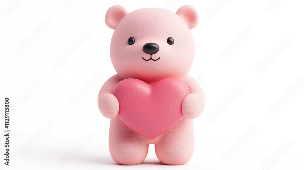 Adorable Clay Bear Hugging Heart-Shaped Figurine on White Background Adorable Clay Bear Hugging Heart-Shaped Figurine on White Background