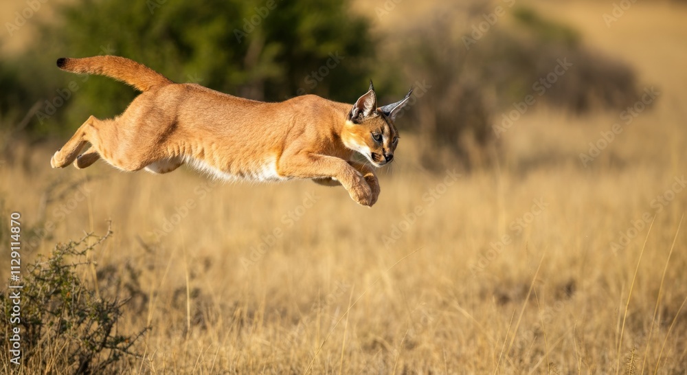 Obraz premium Majestic caracal leaping through african savannah in midday sun