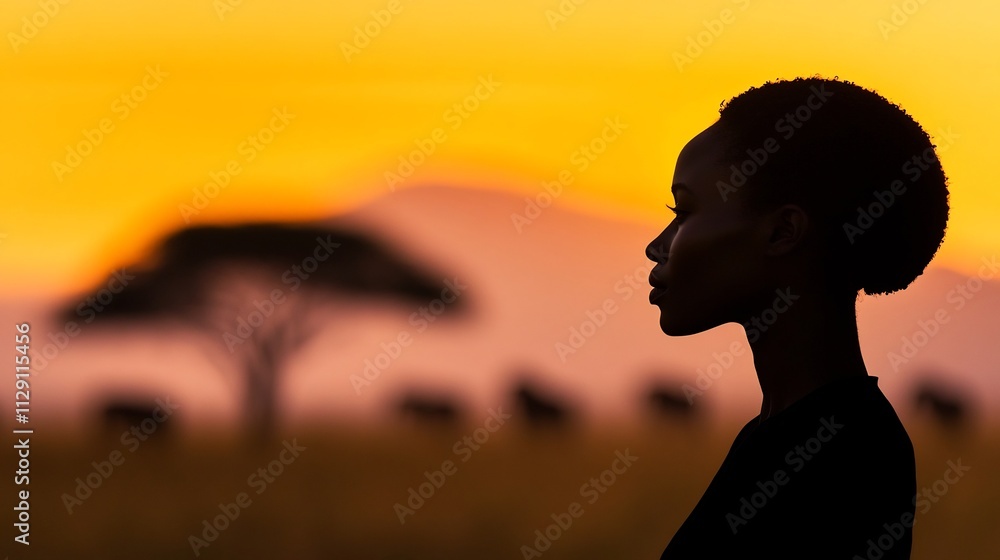 Silhouetted Woman Blended with Serene Savanna Sunset Landscape Silhouetted Woman Blended with Serene Savanna Sunset Landscape