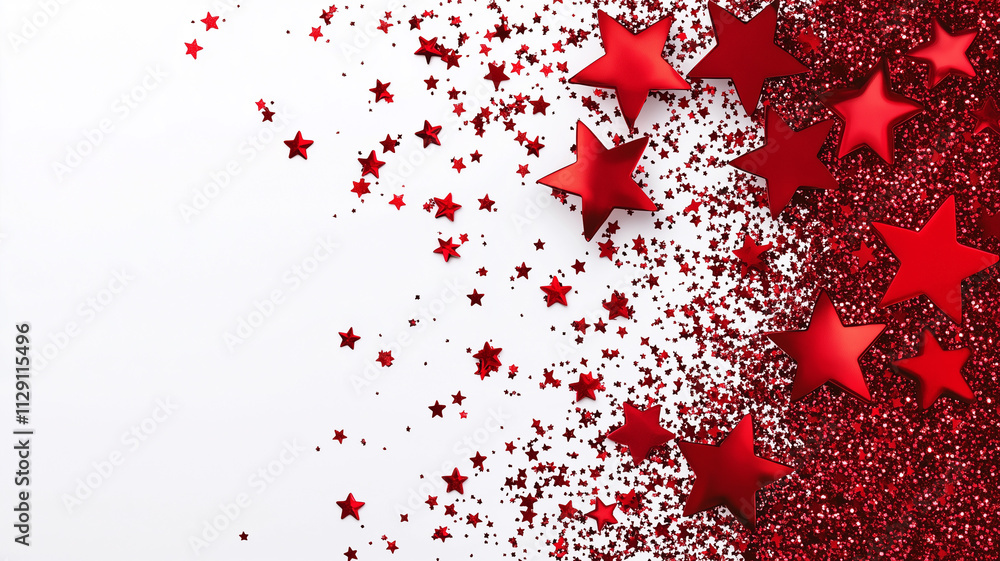Falling red stars like confetti on a white background, with a red glitter texture borde Falling red stars like confetti on a white background, with a red glitter texture borde