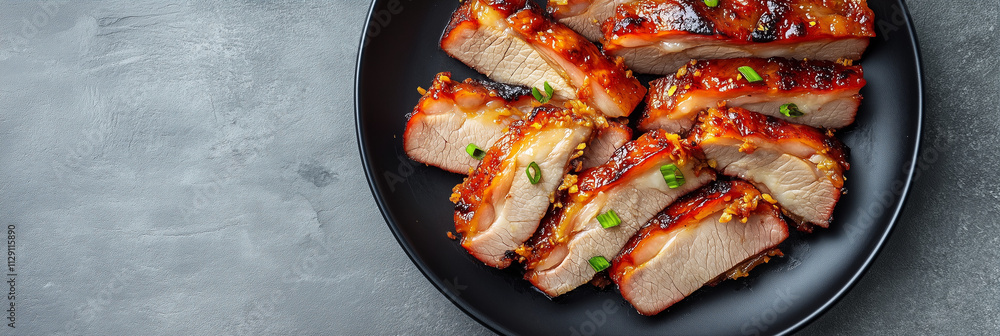 Delicious chinese bbq pork char siu on black plate with tangy marinade Delicious chinese bbq pork char siu on black plate with tangy marinade