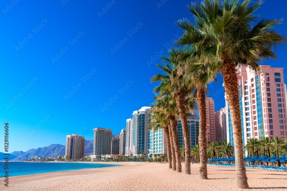 A serene image of Eilat beachfront, with palm trees, golden sand, and luxury resorts in the background A serene image of Eilat beachfront, with palm trees, golden sand, and luxury resorts in the background