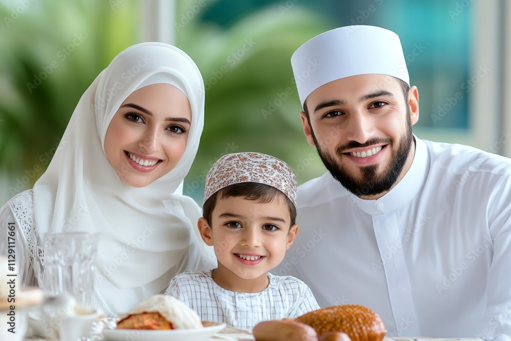 A serene photo of a family breaking their Eid fast together at a beautifully set dining table A serene photo of a family breaking their Eid fast together at a beautifully set dining table