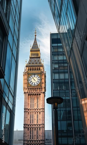 Clock tower stands tall between modern buildings in the heart of London during bright daylight