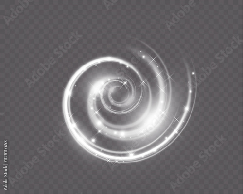 Spiral glow effect on transparent background with smooth white light trails and motion blur.
