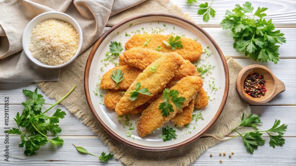 A Plate of Crispy Fried Chicken Tenders Garnished with Fresh Parsley and Served with Breadcrumbs and Peppercorns A Plate of Crispy Fried Chicken Tenders Garnished with Fresh Parsley and Served with Breadcrumbs and Peppercorns