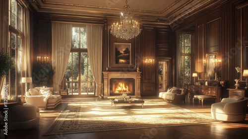 Wallpaper Mural Sunlit grand living room with fireplace, hardwood floors, and ornate wood paneling. Torontodigital.ca