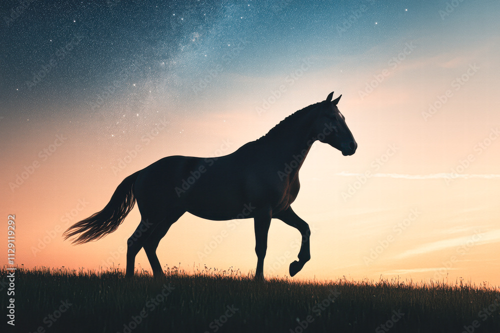 A horse is walking in a field at dusk A horse is walking in a field at dusk