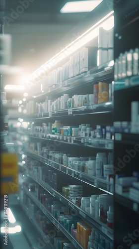 Cinematic, high-angle shot of shelves filled with various medical supplies in the pharmacy