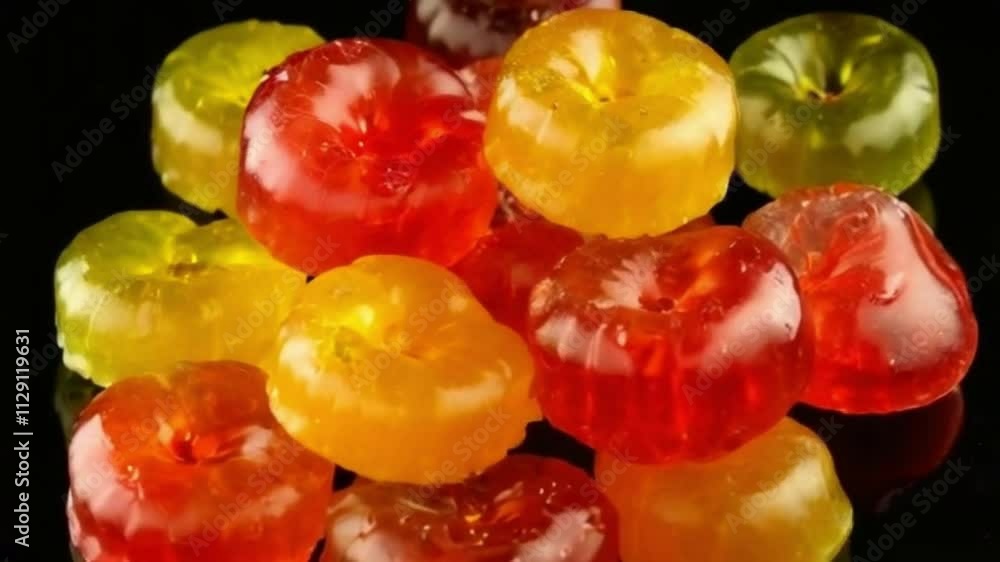Gummy Bears rotating on black background. Colorful jelly sweets candies rotation. Closeup. 4K UHD video Gummy Bears rotating on black background. Colorful jelly sweets candies rotation. Closeup. 4K UHD video