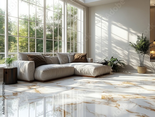 Sunlit living room with large windows, sectional sofa, and marble floor.