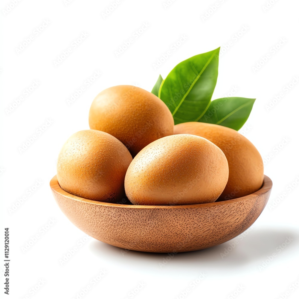 Fresh brown eggs in a wooden bowl with green leaves on a white background. Fresh brown eggs in a wooden bowl with green leaves on a white background.