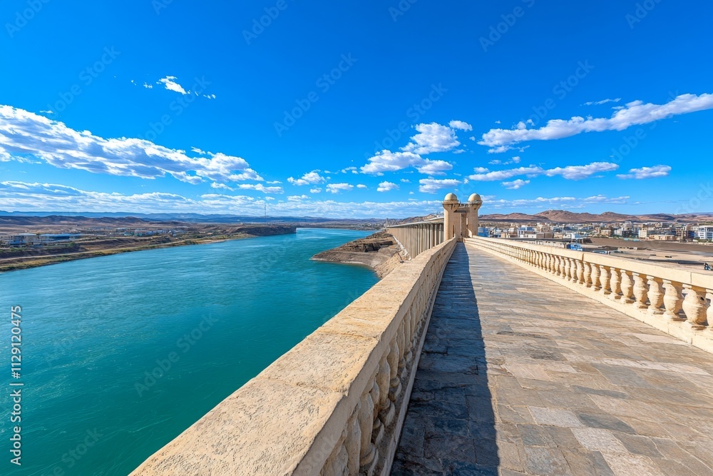 Obraz premium A vibrant image of the Aswan High Dam, showcasing modern engineering alongside the Nile natural beauty