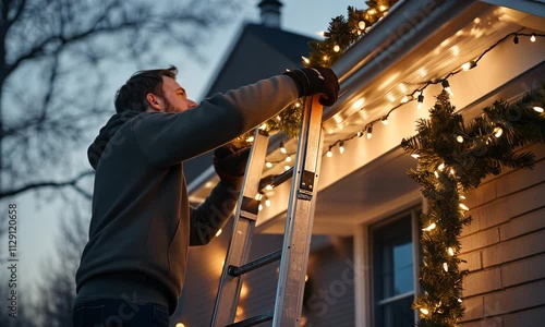 Wallpaper Mural A man on a ladder is putting up Christmas lights on the eaves of a house. Festive holiday decoration Torontodigital.ca
