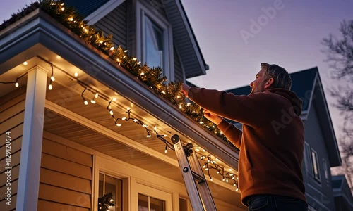 Wallpaper Mural A man on a ladder is putting up Christmas lights on the eaves of a house. Festive holiday decoration Torontodigital.ca