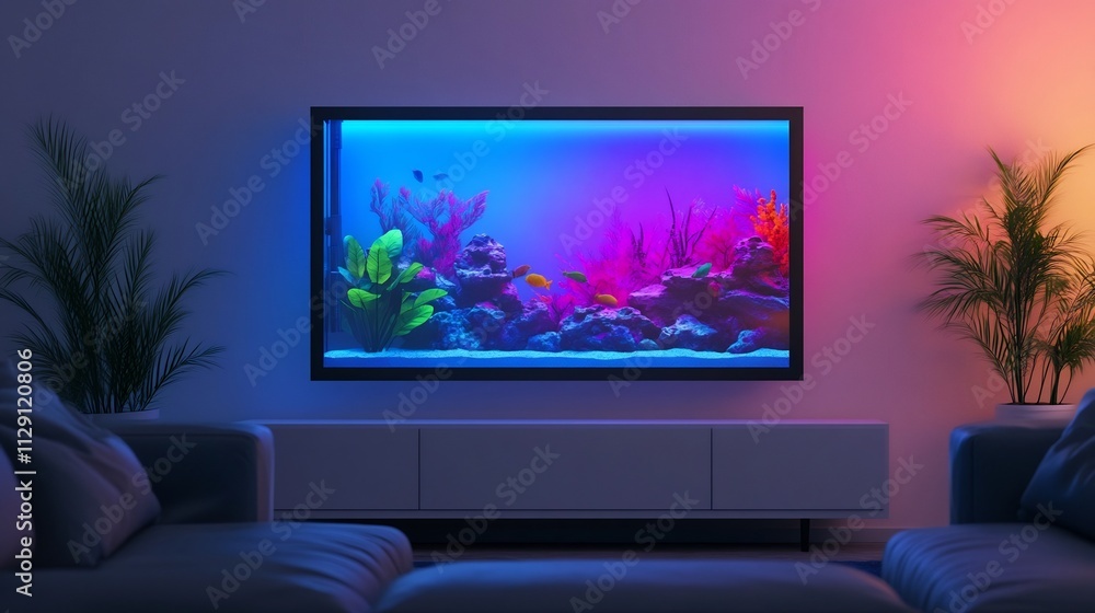 Fototapeta premium Luxurious Living Room with Vibrant Tropical Aquarium as Focal Point