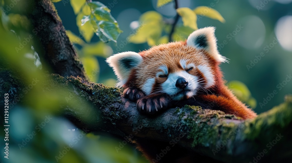 Obraz premium This serene image features a sleeping red panda resting comfortably on a tree branch, highlighting the beauty of wildlife and their peaceful coexistence with nature.