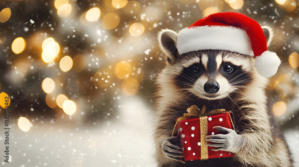Raccoon Wearing a Santa Hat and Holding a Present Sitting at the Bottom-Right with a Soft, Blurred Snowy Background and Festive Golden Bokeh Lights Raccoon Wearing a Santa Hat and Holding a Present Sitting at the Bottom-Right with a Soft, Blurred Snowy Background and Festive Golden Bokeh Lights