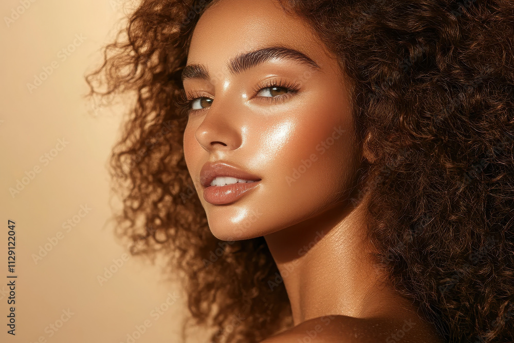 A close-up portrait of a woman with curly hair and glowing skin, showcasing beauty and confidence. A close-up portrait of a woman with curly hair and glowing skin, showcasing beauty and confidence.