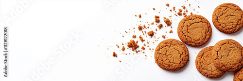 Golden brown cookies on white background with crumbs