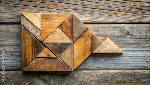 A Geometric Wooden Puzzle Composed of Triangles Creates a Unique Shape on a Weathered Wooden Surface