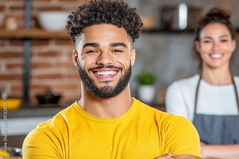 A young married couple laughing together in their cozy kitchen, cooking a meal surrounded by fresh ingredients A young married couple laughing together in their cozy kitchen, cooking a meal surrounded by fresh ingredients