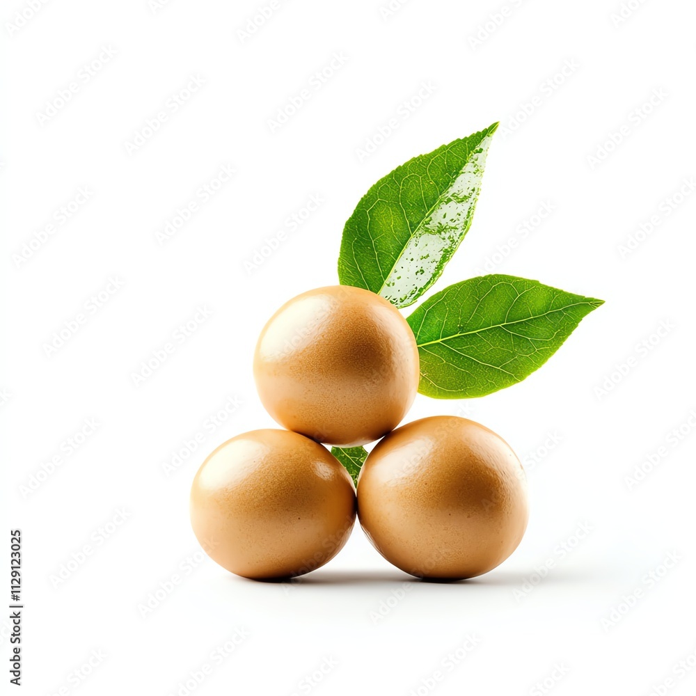 Three golden eggs with green leaves on a white isolated background. Three golden eggs with green leaves on a white isolated background.