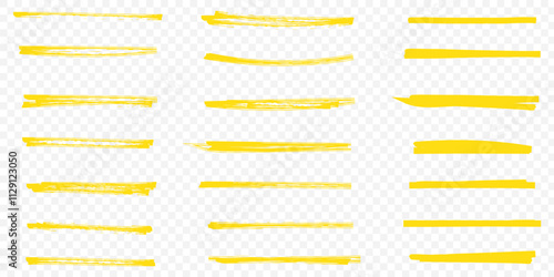Yellow highlighter lines set isolated on transparent background. Marker pen highlight underline strokes. Vector hand drawn graphic stylish element. eps 10.
