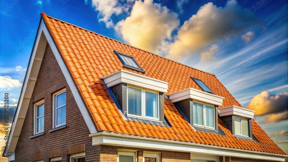 A modern brick house with a sloped roof adorned with terracotta tiles, featuring dormer windows and a skylight, all under a vast sky with fluffy white clouds. A modern brick house with a sloped roof adorned with terracotta tiles, featuring dormer windows and a skylight, all under a vast sky with fluffy white clouds.