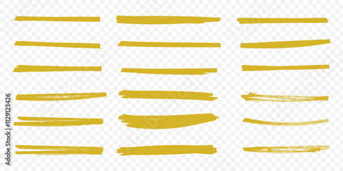 Yellow highlighter lines set isolated on transparent background. Marker pen highlight underline strokes. Vector hand drawn graphic stylish element. eps 10.