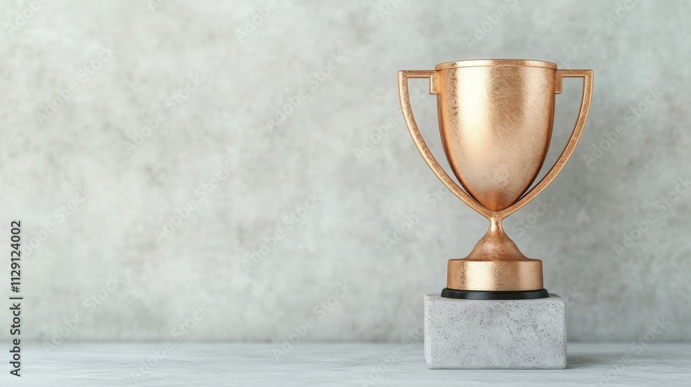 Bronze Trophy on Pedestal: A classic bronze trophy stands proudly on a stone pedestal against a textured concrete wall, symbolizing achievement and success. Bronze Trophy on Pedestal: A classic bronze trophy stands proudly on a stone pedestal against a textured concrete wall, symbolizing achievement and success.