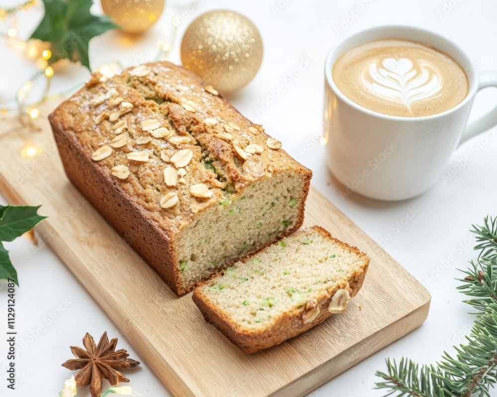 Rustic Zucchini Bread with Coffee and Festive Lights for Christmas, Thanksgiving, or New Years Celebrations Rustic Zucchini Bread with Coffee and Festive Lights for Christmas, Thanksgiving, or New Years Celebrations