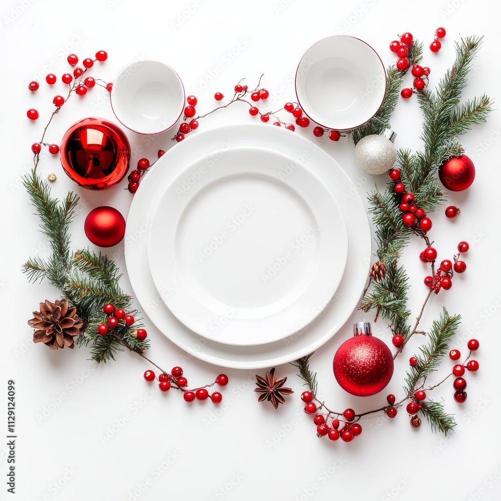 Christmas table setting. Cutlery and festive decor on white background, top view. Space for text Christmas table setting. Cutlery and festive decor on white background, top view. Space for text