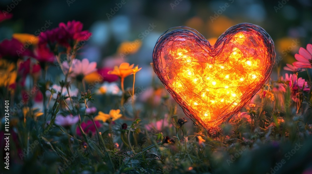 glowing heart shape surrounded by colorful flowers glowing heart shape surrounded by colorful flowers