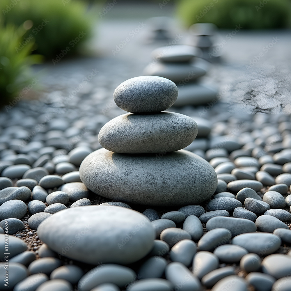 Balanced Stone Stack in Peaceful Zen Garden Setting Balanced Stone Stack in Peaceful Zen Garden Setting