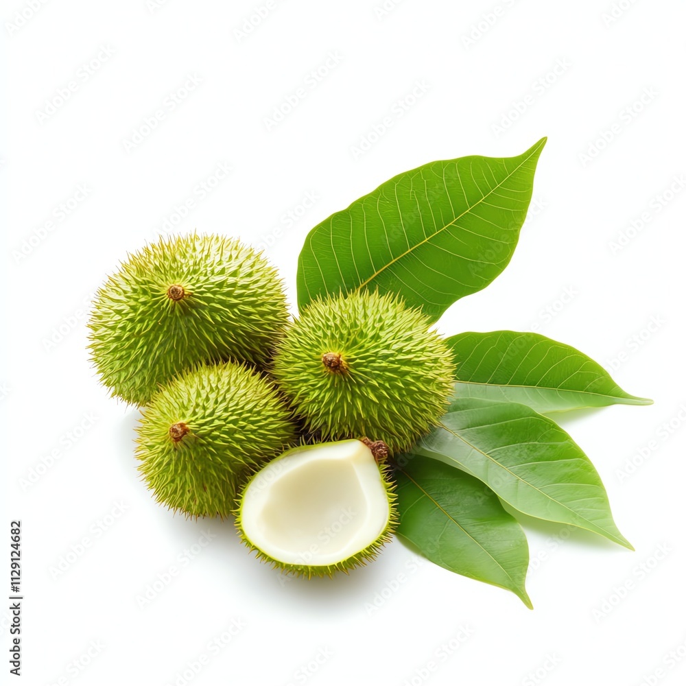 Green durian fruits with leaves on white isolated background Green durian fruits with leaves on white isolated background