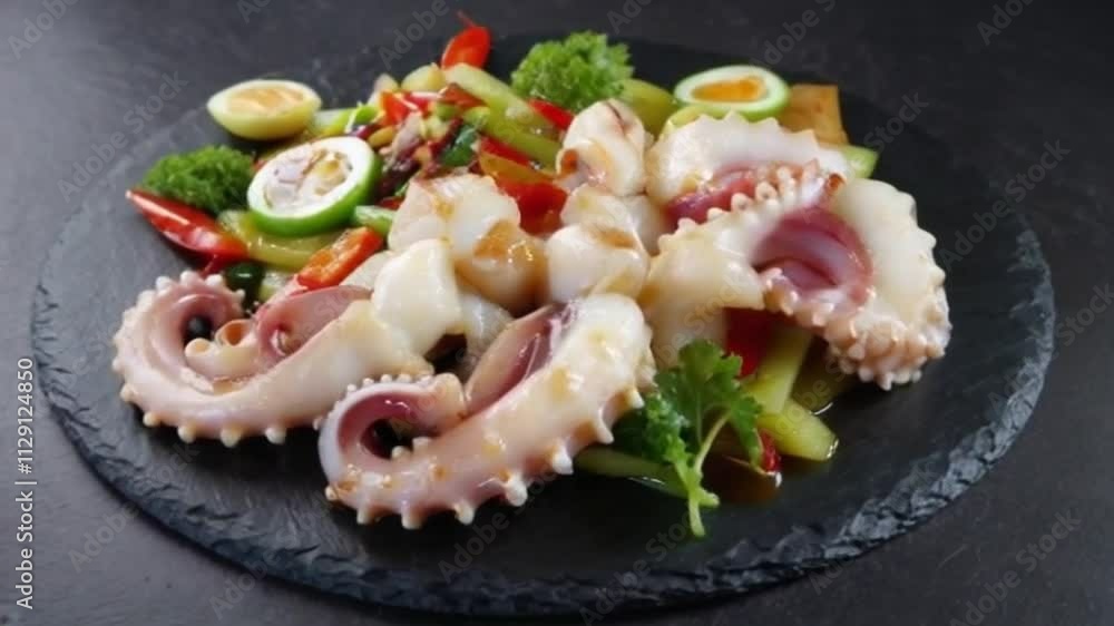 Octopus serving with vegetables, sea food. Freshly boiled octopus tentacles dish on a dark stone slate plate, Asian, Mediterranean cuisine, dinner. Top view. Restaurant menu on black background. Octopus serving with vegetables, sea food. Freshly boiled octopus tentacles dish on a dark stone slate plate, Asian, Mediterranean cuisine, dinner. Top view. Restaurant menu on black background.