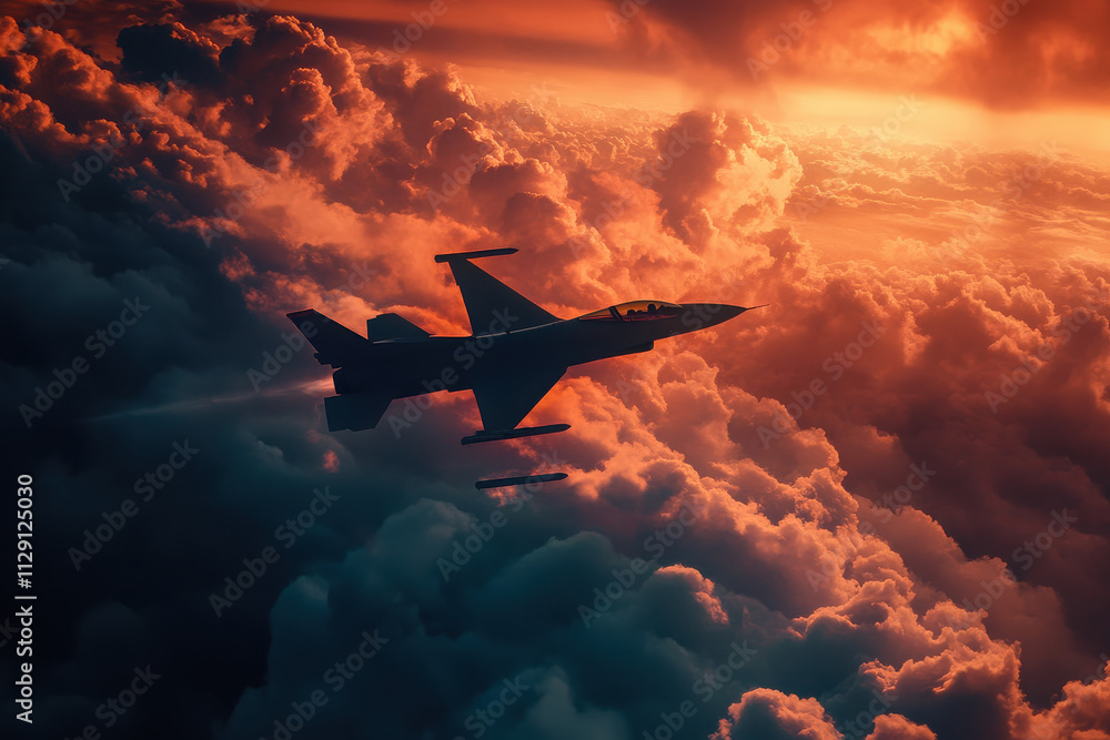 A fighter jet soaring through dramatic clouds during sunset. A fighter jet soaring through dramatic clouds during sunset.
