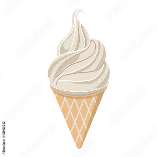 Flat illustration of vanilla ice cream in a waffle cone. Beige and white  ice cream on white background. Swirl of soft serve ice cream. Vector illustration of a sweet dessert.