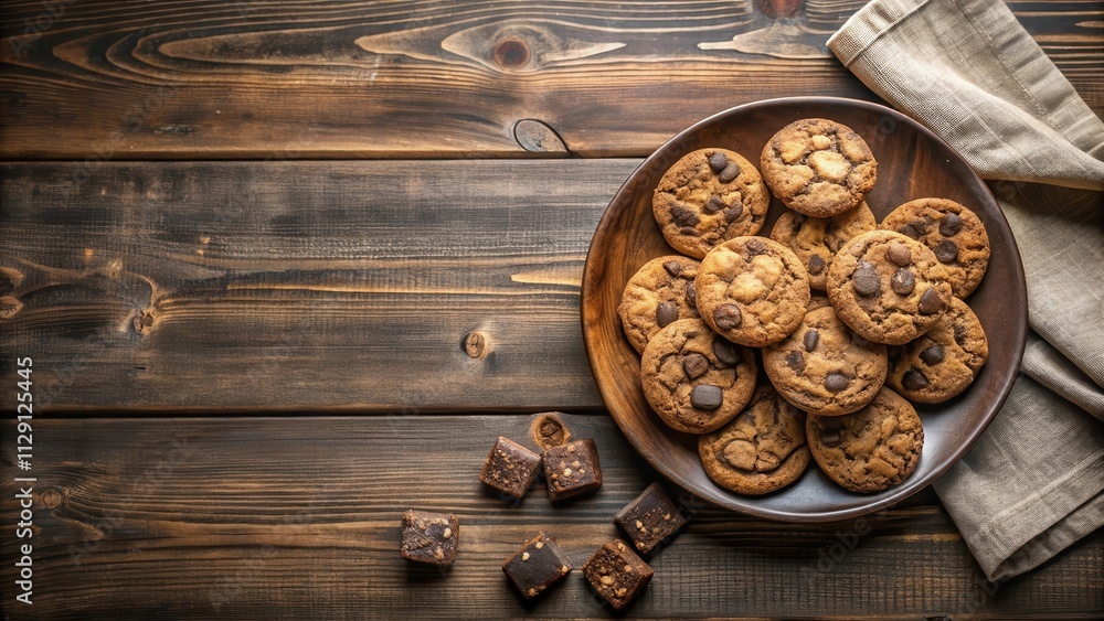 A plate filled with chocolate chip cookies on a rustic wooden table, surrounded by squares of chocolate A plate filled with chocolate chip cookies on a rustic wooden table, surrounded by squares of chocolate